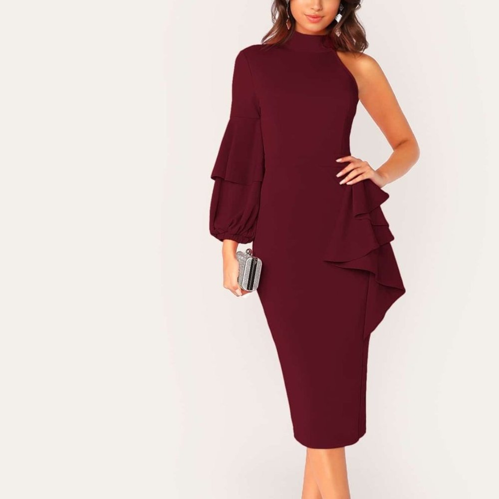 Burgundy Lantern Sleeve Midi Dress